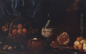 Peaches, Figs And Apples In A Basket, An Earthenware Jar, Salame On A Pewter Plate With A Knife, A Bottle And Bread On A Stone Ledge, A View To A Landscape Beyond