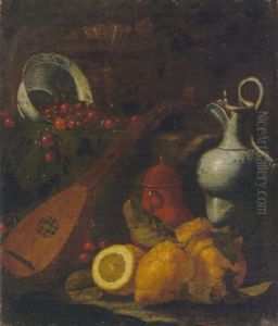 Still Life Of Lemons, A Lute, An Upturned Blue And White Bowl With Cherries, And A Jug On A Ledge by Cristoforo Munari