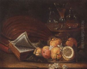 Still Life Of A Lute, Books, Apples And Lemons, Together With A Gilt Tazza With A Wine Glass And Decanters, All Upon A Stone Ledge