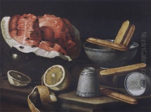 Still Life With Watermelon, Biscotti, A Sliced Lemon And Three Pieces Of Blue-and-white Italian Porcelain