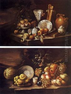 Natura Morta Di Frutta Con Tazzina, Piatto, Biscotti E Vetri