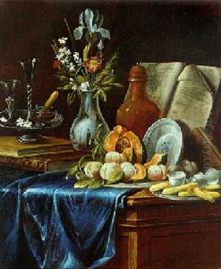 Stilleben Von Buchern, Fruchten, Porzellan Und Blumen