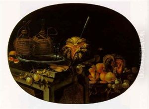 Still Life Of A Melon, Plums, A Peach, A Fig, Two Wine Caskets And Glasses On A Salver And Biscotti On A Plate, All On A Plinth Still Life Of A Melon, Plums, A Peach, A Fig, Two Wine Caskets And Glasses On A Salver And Biscotti On A Plate, All On A Plinth