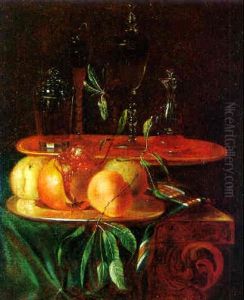 Still Life Of Peaches On A Silver Plate And Glass Beakers And Bottles On A Ledge