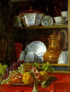 A Trompe-l'oeil Still Life Of Porcelain, With Fruit On A Silver Plate