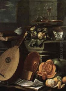Still Life Of A Mandolin Leaning Against A Ledge With Fruit And A Bowl