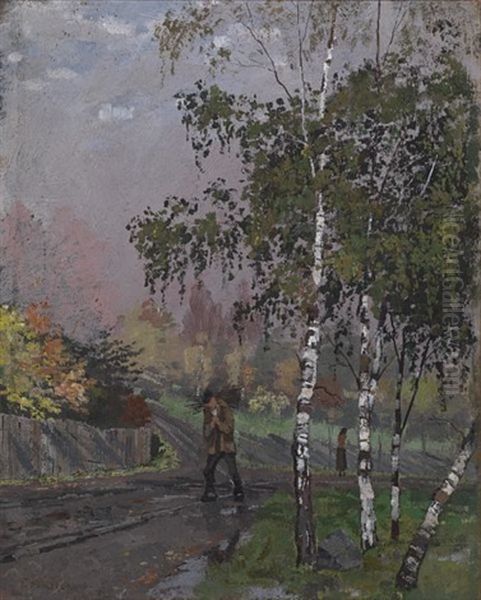 Bjorketraer Og Mann Som Baerer Kvist/birch Trees And Man Carrying Twigs - view 1