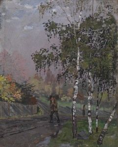 Bjorketraer Og Mann Som Baerer Kvist/birch Trees And Man Carrying Twigs Bjorketraer Og Mann Som Baerer Kvist/birch Trees And Man Carrying Twigs