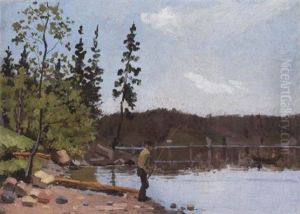 Sommerdag Ved En Norsk Fjord. Ui Forgrunden Fisker En Mand by Edvard Munch