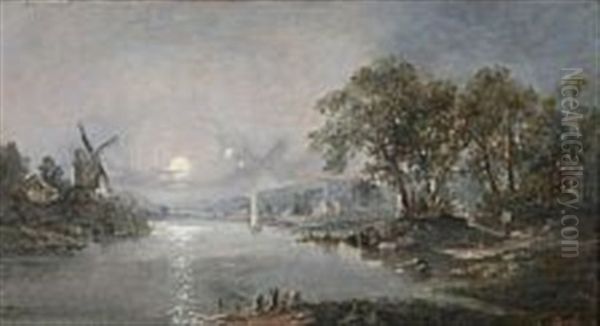 River Scene With Moonlight - view 1