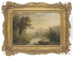 Fishing On A Riverbank With A Castle Beyond by John Mundell