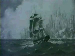 A British Frigate In The Southern Ocean Ablaze At Sea by John Mundell