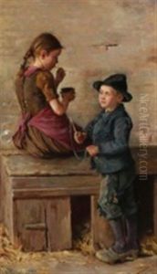 A Boy And A Girl Blowing Soap Bubbles by Emilie Mundt