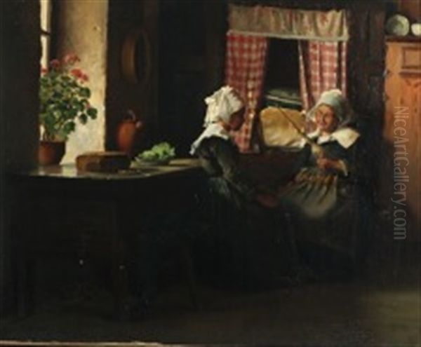 Interior With Two Women Spinning Yarn - view 1