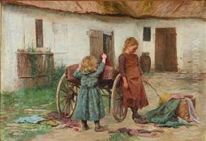 Two Girls Playing In Front Of A Farmer House by Emilie Mundt