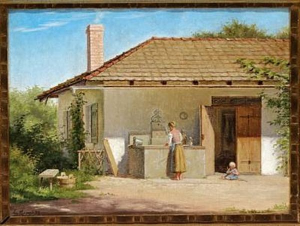 Mother And Child In Front Of A House In Southern Europe - view 1