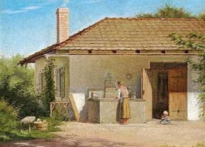 Mor Og Barn Foran Et Hus En Sommerdag Mor Og Barn Foran Et Hus En Sommerdag