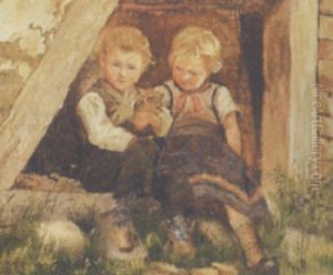 To Siddende Born Med Hundehvalp