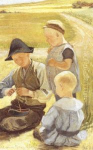Sommerlandskab Med Tre Drenge, Der Bygger Modelskib by Emilie Mundt