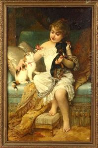 Girl With Kitten And Puppy by Emile Munier