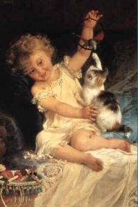 Young Girl Playing With Her Pets by Emile Munier