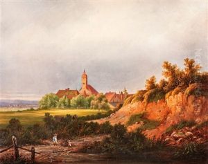 Ansicht Einer Stadt Mit Reisigsammlern Im Vordergrund Ansicht Einer Stadt Mit Reisigsammlern Im Vordergrund