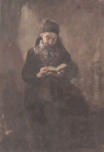 An Old Woman Reading A Book In An Interior by Mihaly Munkacsy
