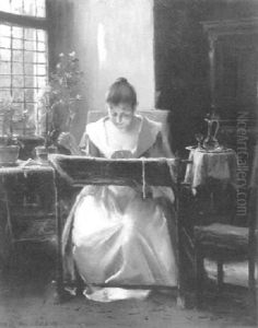 Lady Needlepointing In A Sunlit Interior by Mihaly Munkacsy