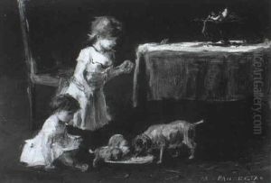Zwei Junge Madchen Schauen Einer Hundefamilie Beim Fressen Zu by Mihaly Munkacsy