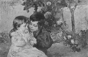 Children Eating An Apple In A Courtyard