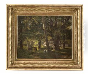 Bauernhaus Im Sommerlichen Wald Mit Hirtenmadchen Und Rindern by Leopold Munsch
