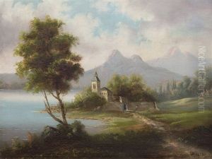 Church At The Lake, Austria by Leopold Munsch
