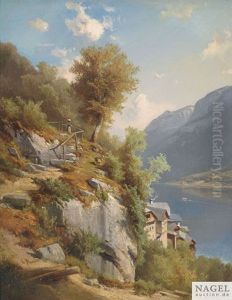 Sommerliche Landschaft Mit Blick Auf Den Hallstatter See by Leopold Munsch