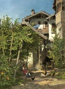 Sonnenbeschienener Garten Eines Bauernhauses, Mit Weinranken Und Melonenfruchten