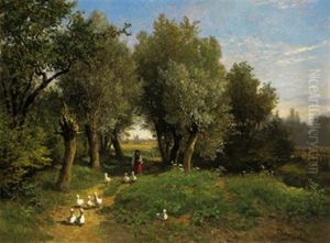 Heimkehr Der Ganseschar Und Hirtin by Leopold Munsch