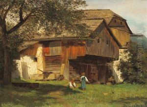 Bauerngehoft Mit Figurlicher Staffage by Leopold Munsch