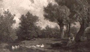 Woman With Ducks By A Stream by Leopold Munsch