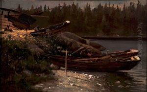 Rowing Boats On The Shore by Magnus Hjalmar Munsterhjelm