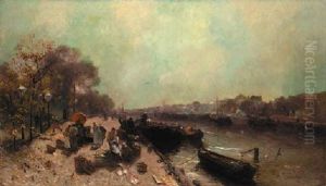 A Town View In Autumn With Tradesmen On A Quay