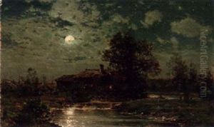A Cottage By A Stream In Moonlight by Magnus Hjalmar Munsterhjelm