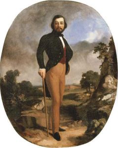 A Full-length Portrait Of A Gentleman In A Green Jacket And Bowtie, Standing In A Landscape