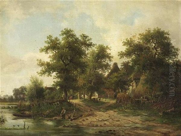 Bauerngehoft In Sommerlicher Landschaft An Einem Fluss - view 1