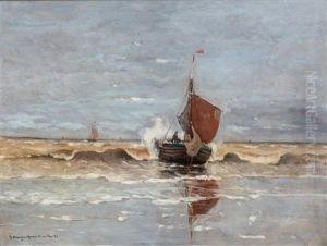 A Bomschuit In Katwijk Setting Out To Sea
