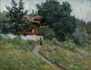 Kvinne Og Hund Utenfor Stakittgjerde 1887