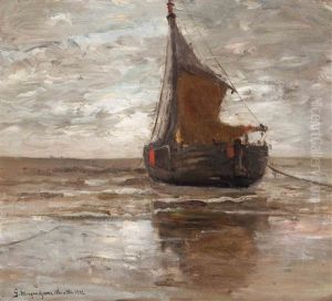 Bomschuit Riding At Anchor, At Low Tide by Gerhard Arij Ludwig Morgenstje Munthe