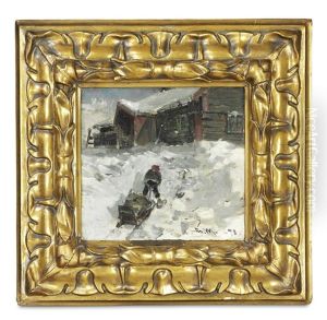 Boy With A Sledge At A Cabin In The Mountain Pastures