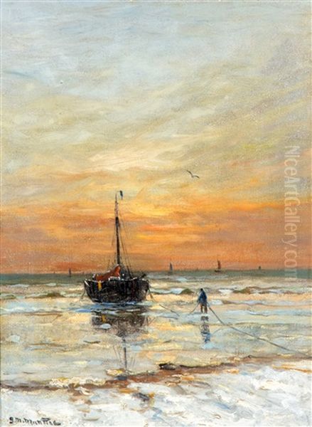 Vissersboot Op Winters Strand Bij Avondrood - view 1