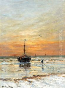 Vissersboot Op Winters Strand Bij Avondrood by Gerhard Arij Ludwig Morgenstje Munthe