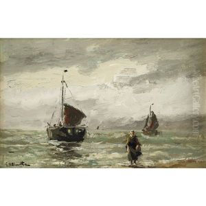 Boats And Fisher Woman Along The Coast by Gerhard Arij Ludwig Morgenstje Munthe