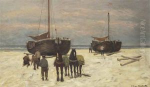 Bomschuiten And Horses On The Beach by Gerhard Arij Ludwig Morgenstje Munthe